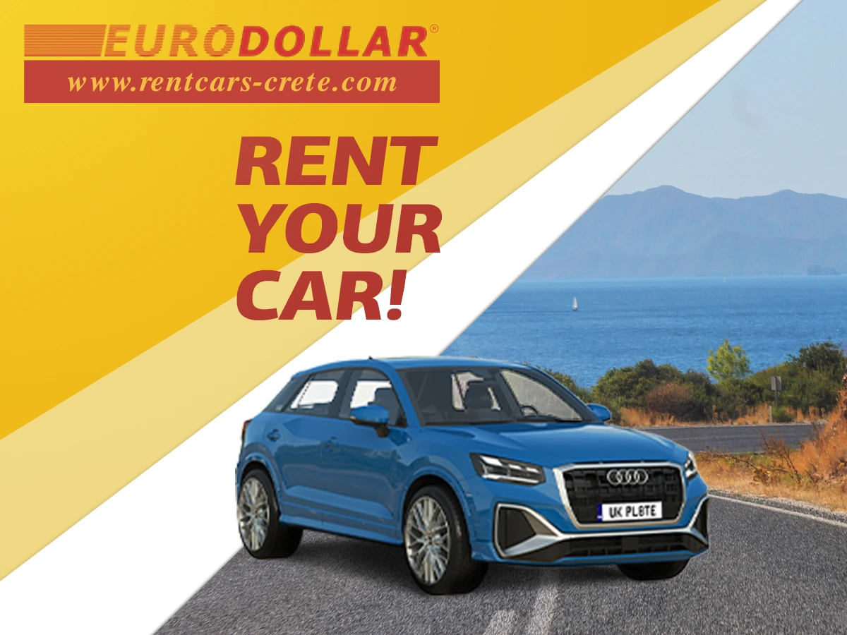 A modern rental car parked on a hillside highway overlooking the beautiful coastline of Crete